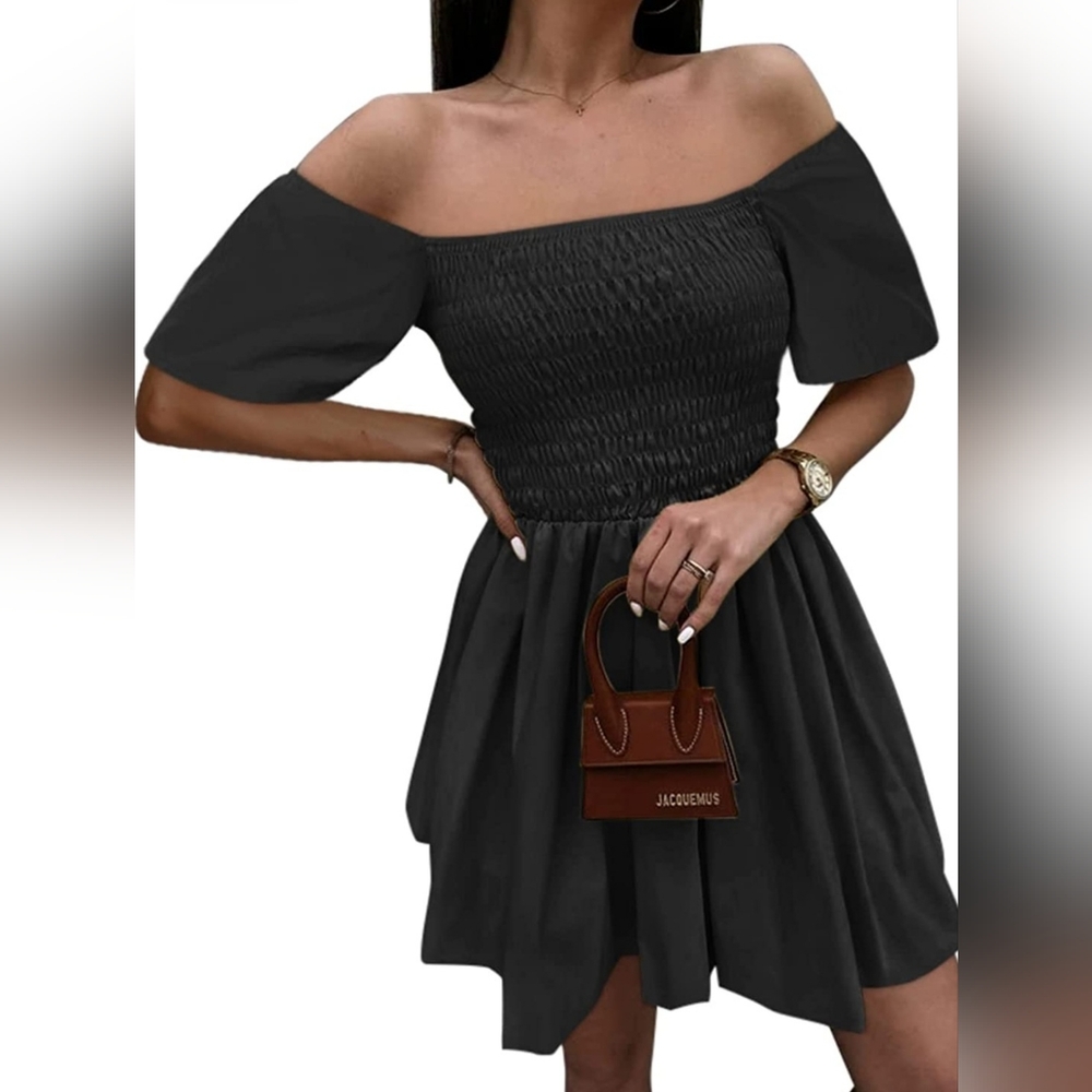 Women's Puff Sleeve Off Shoulder Dress - Picture 2 of 3